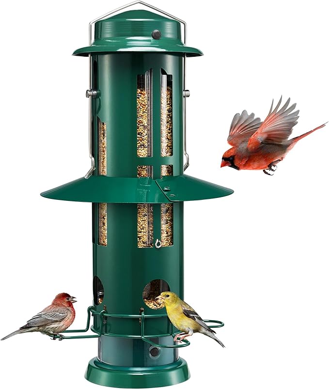 Kingsyard Squirrel Proof Bird Feeder for Outdoors Hanging, Metal Wild Bird Feeders with Removable Base and Baffle, Easy to Clean & Refill, 3 lbs Large Seed Capacity, Dark Green