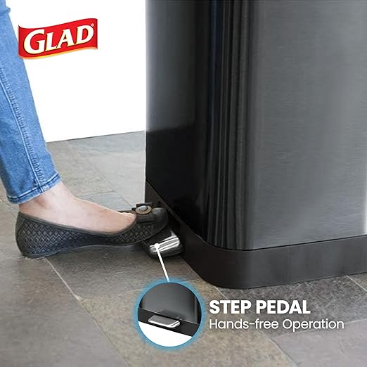Glad 13-Gallon Stainless Steel Step Trash Can with Clorox Odor Protection, Soft Close Lid, Foot Pedal & Waste Bag Holder – Large Indoor Metal Garbage Bin for Kitchen, Home & Office Use
