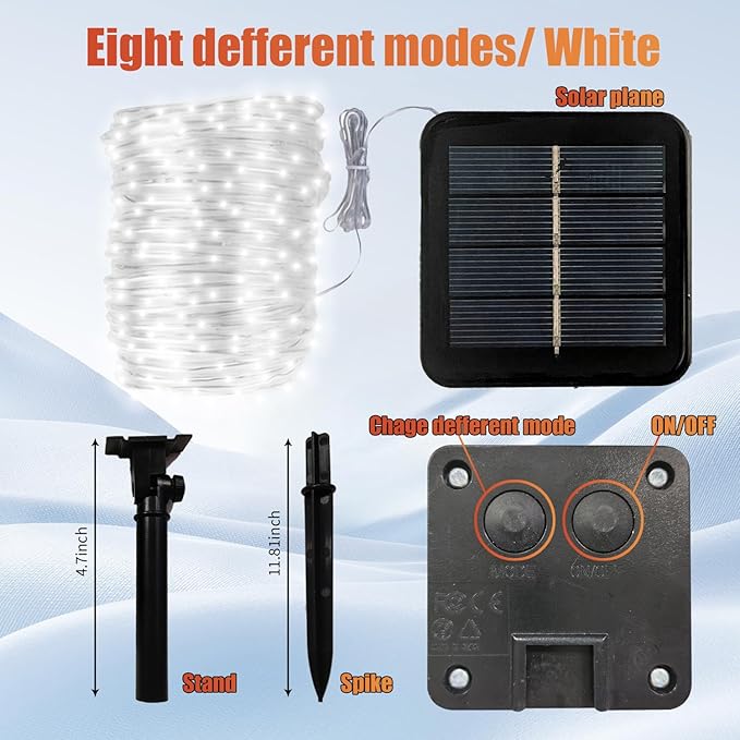 Solar Fairy Lights 33Ft 100 LED Rope Lights for Outside 8 Modes White Fairy Light Solar Outdoor for Patio Fence Party Garden Yard Home Holiday Tree Decoration.