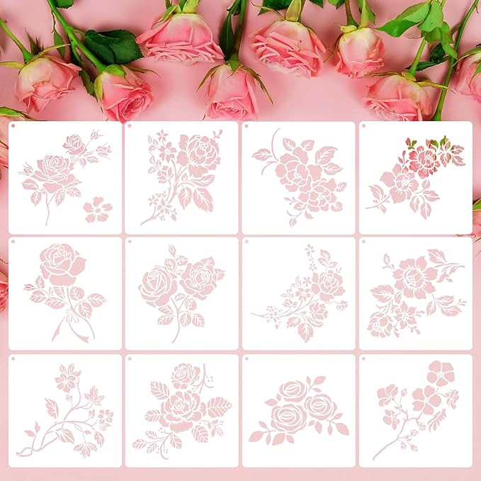 12 PCS Rose Flower Stencils Reusable Rose Cherry Blossom Templates, Plastic Floral Pattern Stencils for Painting on Wood Floor Wall DIY Crafts Home Decorations 7.8 X 7.8 Inch