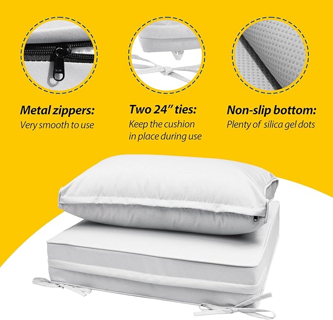 AAAAAcessories Outdoor Seat Cushions for Chairs, Fade-Resistant, Waterproof Patio Furniture Replacement Cushions, 25.5" x 25.5" x 5" + 25.5" x 13.5", Creamy White