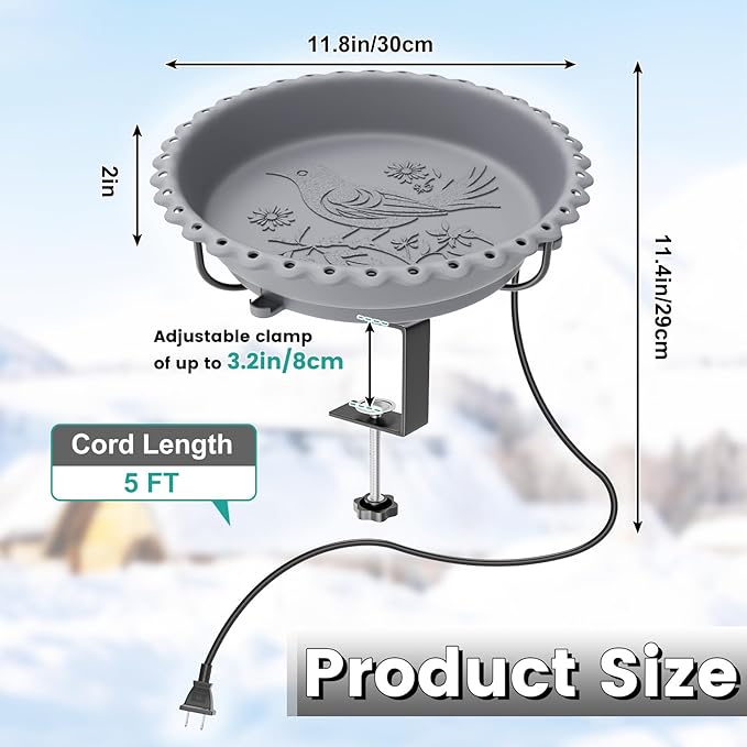 Heated Bird Baths for Outdoors, Upgraded 100W Thermostatically Controlled Heated Bird Bath for Deck Railing Large Capacity Heated Birdbath for Outside Winter Garden Yard Patio Lawn (Grey)