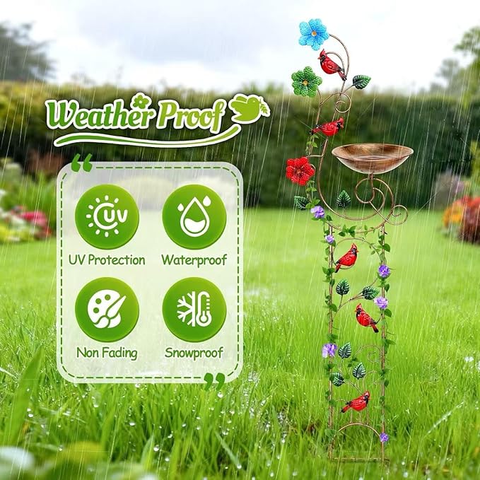 Bird Baths with Trellis for Climbing Plants Outdoor, Small Garden Plant Trellis, Metal Birdbath Birdfeeder Bird Water Feeder with Iron Bowl, Antique Plant Support Structures (Redbird)