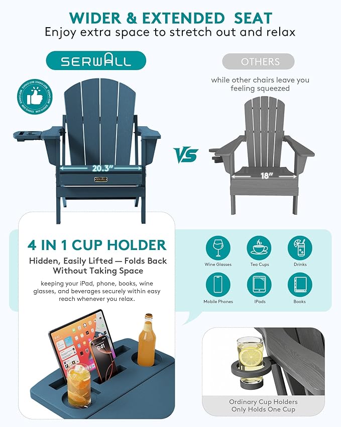 SERWALL Folding Adirondack Chair, Patio Adirondack Chairs with 4 in 1 Cup Holder, Weather Resistant Patio Chair, Plastic Fire Pit Chair for Outdoor, Garden, Backyard, Deck - Blue