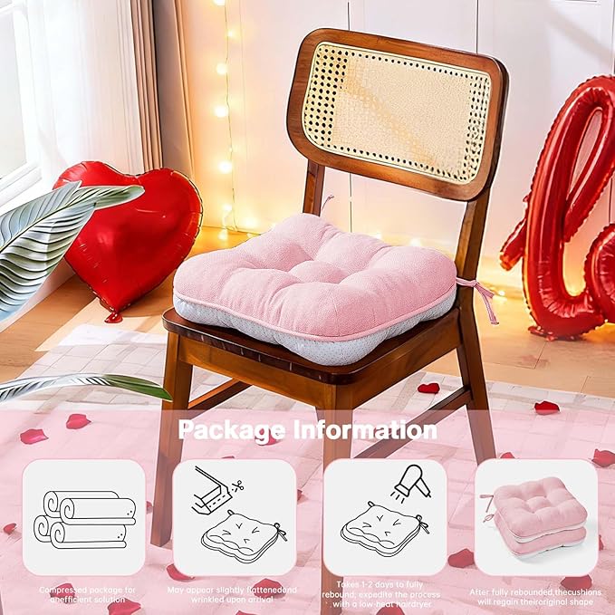 BETU Pink Chair Cushions for Dining Chairs Set of 4,3.5" Thick Kitchen Table Chair Pads with Ties,Non Slip Backing and Covers, Seat Cushion for Dining Room,Bar,Patio Chairs,16"X16"X3.5",Pink