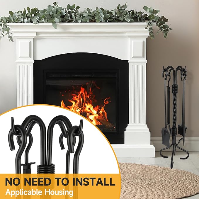 5-Piece Fireplace Tools Set Wrought Iron - NO Assembly - Heavy Duty 32" Solid Steel Fire Poker Set for Outdoor Fire Pit & Wood Stove - Fire Place Set with Tongs, Shovel, Brush, Stand