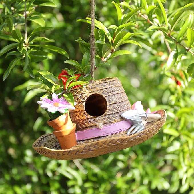 Yinns Birdhouse Hanging Bird Houses for Outside, Decorative Straw Hat Bird House Home Patio Garden Decor for Humming Bird, Bluebird, Wren Nesting