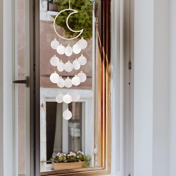 Capiz Wind Chimes for Outside, Outdoor Seashell Hanging Beach Coast Ocean Home Decorative, Translucent White Shell with Wood Beads Waterfall Windchimes for Summer Patio, Window, Porch, Memorial Gift
