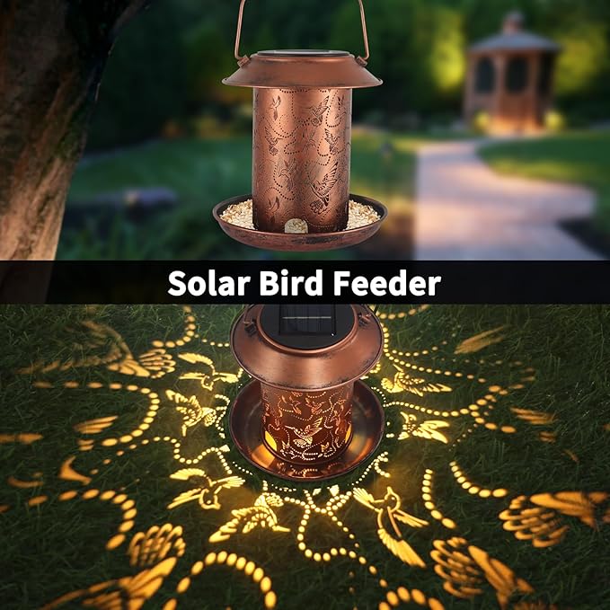 Hummingbird Solar Bird Feeder for Outdoors Hanging Solar Lanterns Waterproof Metal Wild Bird Feeders Garden Outside Yard Decor Christmas Birthday Gifts for Women Mom