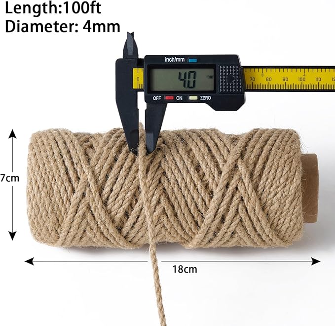 4mm 100 Feet Natural Jute Twine, for Crafts Gift, Craft Projects, Wrapping, Bundling, Packing, Holiday Packaging Twine, Gardening and More, Jute Rope to Use Around The House and Garden