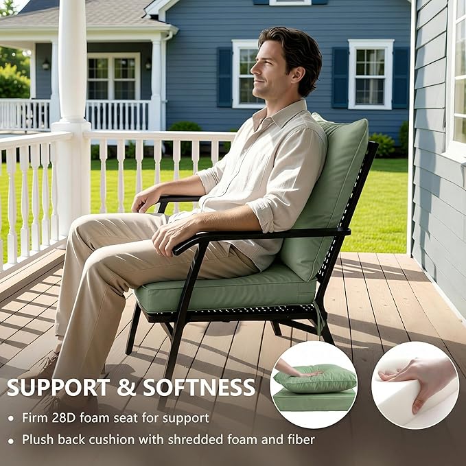 19x19 Inch Patio Chair Cushions Set of 2, Outdoor Furniture Cushions - Removable Cover, Water-Repellent, Fade-Resistant, Non-Slip Bottom & Straps, Replacement for Lawn, Porch & Deck Chair - Sage Green