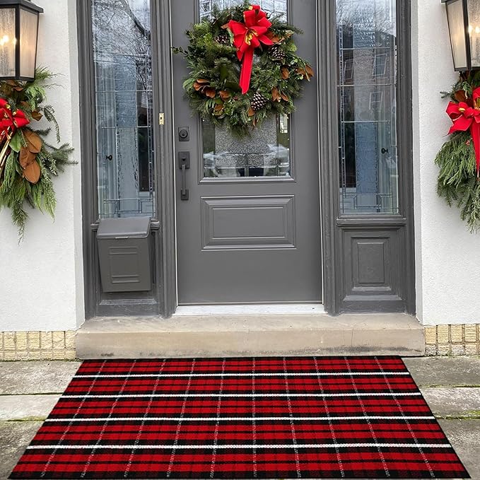 Buffalo Plaid Outdoor Rug, 3' x 5' Christmas Red & Black Check Indoor/Outdoor Area Rug, Layering Rug for Hello/Welcome Door Mat, Machine Washable Cotton Woven Farmhouse Mat for Front Porch Décor