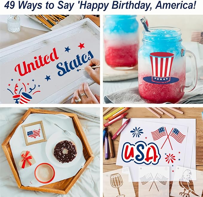 Patriotic Stencils for Painting, 49PCS Independence Day Theme Templates 3x3 Clear PET Plastic with Stars and Stripes Patterns for Cards, Cookies, Face Painting and Party Crafts