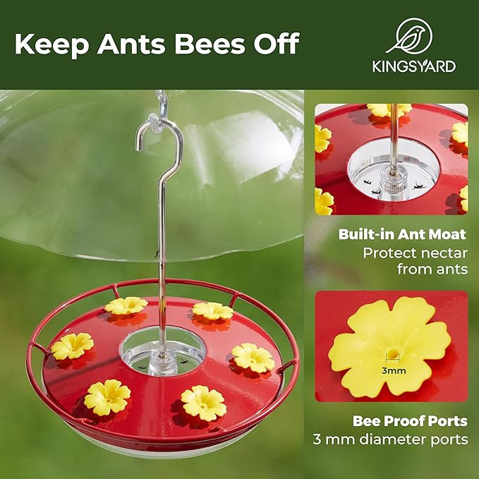 Kingsyard Weatherproof Hummingbird Feeder for Outdoors Hanging - Heavy Duty Metal lid with 6 Bee Guard Feeding Ports & Circular Perch, Built-in Ant Moat, Easy to Refill & Clean (12oz/Red)