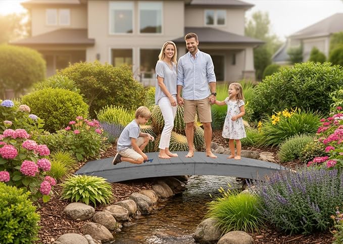 10 FT Grey Amish Made Pinewood Heavy Duty Garden Bridge for Walkway, Backyard Pond & Landscaping, Outdoor Wooden Footbridge for Koi Pond, Japanese Style Decorative Bridge, Made in USA