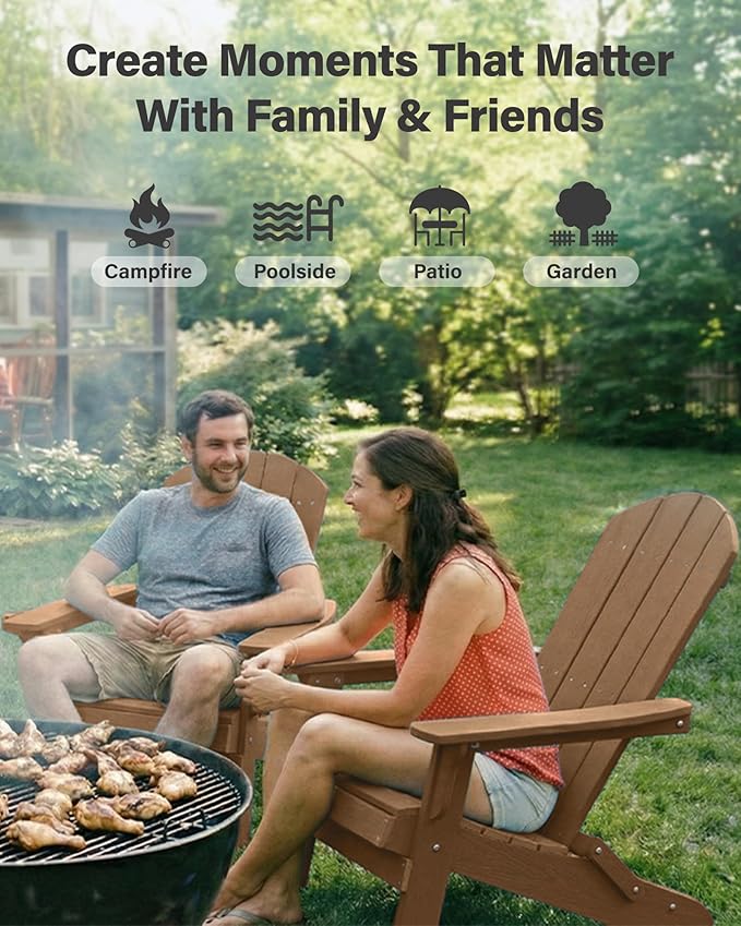 YEFU Adirondack Chair, Oversized Plastic Adirondack Chair Folding Outdoor Chairs with Cup Holder, Lawn Chair with Weather Resistant for Outside Deck Lawn Garden, Weight Capacity Up to 400 Lbs(Teak)