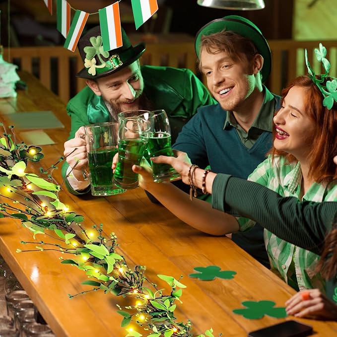 6.5 Ft St.Patrick's Day Garland Lucky Shamrock Wreath with LED Lights Artificial Green Clover St Patrick's Day Hanging Wreath Garland for Front Door Arch Wall Irish Festival Party Decoration