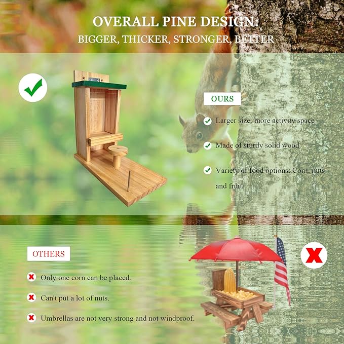 Wooden Squirrel Feeder, Squirrel Feeders for Outside with Corn Cob Holder and Round Stool, Wood Waterproof Picnic Table Funny Chipmunk House Nuts Bar for Backyard Garden Outdoor