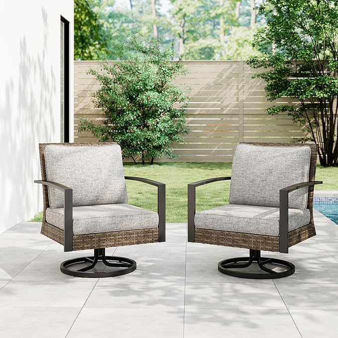 Green4ever Patio Swivel Dining Chairs Set of 2 with 360-Degree Rotating, Metal Outdoor Rocking Chair, All Weather Rattan Patio Chairs for Porch, Bistro, Balcony, Gray