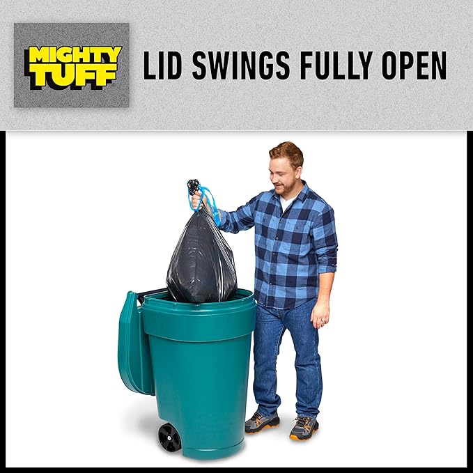 Mighty Tuff 50-Gallon Wheeled Trash Barrel - Large Outdoor Trash Can with Lid - Versatile, Durable and Convenient for Indoor or Outdoor Trash Bin