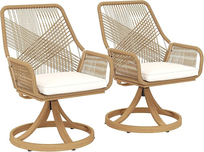 Outsunny Swivel Patio Chairs Set of 2, Rattan Outdoor Patio Dining Chairs with Soft Cushions and Metal Frame for Backyard, Lawn, Porch, or Garden, Khaki