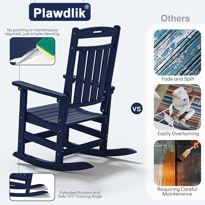 Plawdlik Oversized Rocking Chair,HDPE All-Weather Outdoor Rocking Chair,Patio Rocking Chairs for Porch.Navy Blue