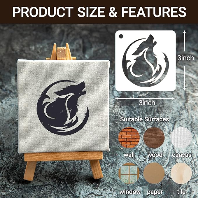 Wolf Stencils for Painting, 56PCS 3" Plastic Stencils for Crafts Reusable, Wildlife & Forest Scene Patterns, for Canvas Art, Wood Signs, Journal, Fabric Painting, Wall Decor & DIY Gift Projects