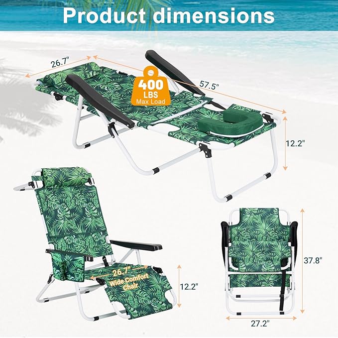ABORON Tanning Chair with Face Hole, 5-Position Adjustable Reclining Beach Lounge Chair, Folding Face Down Sun Lounger for Beach, Poolside, Patio, Lawn, Home(Tropical Leaf)