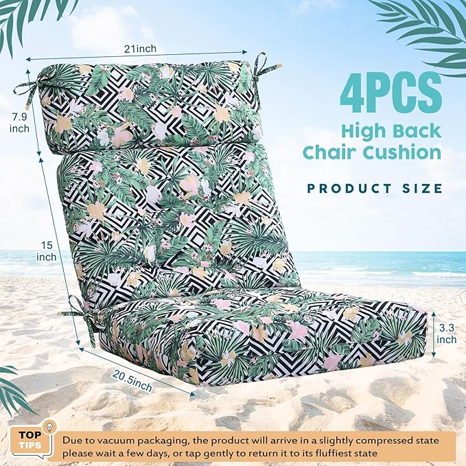 Barydat 4 Pcs Tufted High Back Chair Cushion Indoor Outdoor Seat and Back Cushions Palm Leaves Tropical Plants Lawn Rocking Chair Pads with Ties for Adirondack Patio Garden(Flower Style)