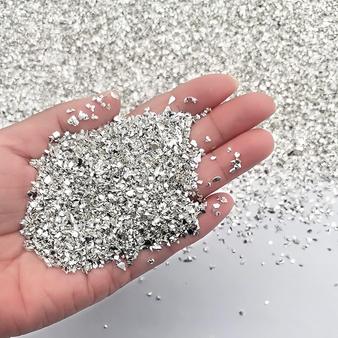 1 lb Crushed Glass Glitter for Crafts, DIY Nail Art, Vase fillers for Centerpieces Table Scatter, Irregular Chips, Wedding Decoration, Home Decor (Silver)