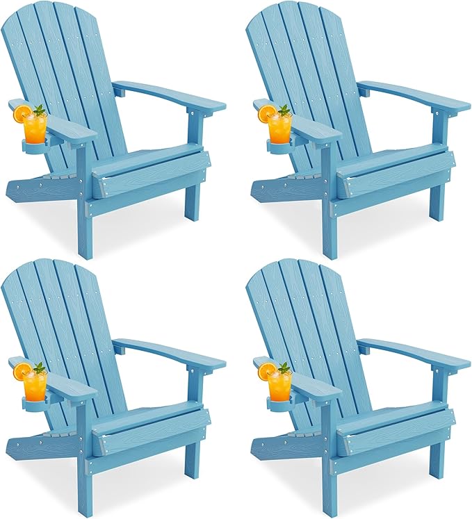 YEFU Adirondack Chairs Set of 4: Outdoor Chair HIPS Plastic Adirondack Chairs - Patio Chairs with Cup Holder & Wood Texture - Lawn Fire Pit Deck Porch Garden Chairs for Adults (Blue)