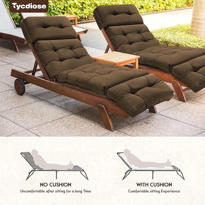 Waterproof Outdoor Chaise Lounge Chair Cushion 74.4 x 22 x 4.7 Inches Memory Foam Lounge Chair Cushions for Outdoor Furniture with Ties, Thickened Pool Chaise Lounge Chair Cushions, Brown