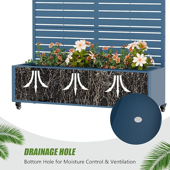 Casaphoria Metal Raised Garden Bed with Trellis and Wheels, 72"x47"x16" Planter Box for Climbing Plants, Vegetables & Vines, Features Drainage Holes and Privacy Screen, Blue-Louvered
