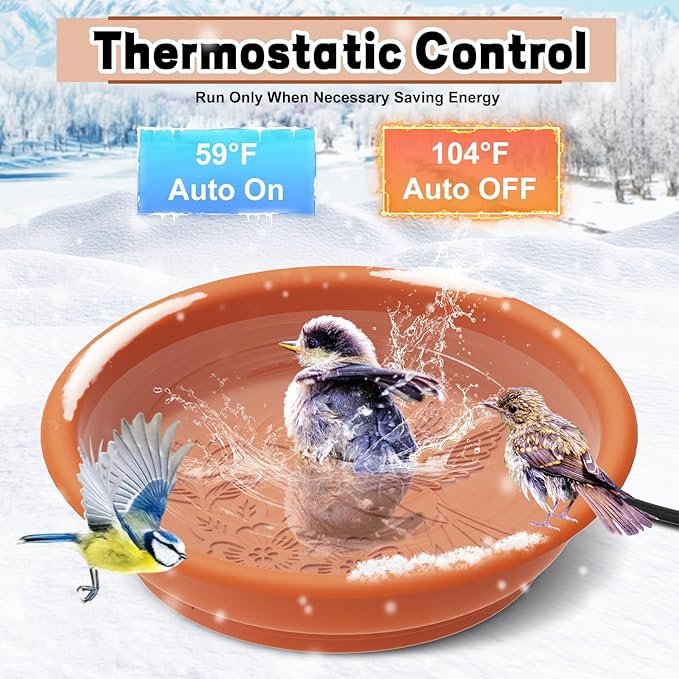 Heated Bird Bath Bowl for Outside,100W Thermostatically Controlled Heated Birdbath Single Bowl Water Heated Bird Bath for Outdoor Winter Garden Patio Yard Lawn Deck(Brown)