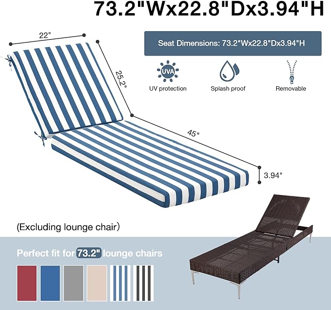HOMREST 73.2x22.8x3.94 inches Lounge Chair Cushion Set of 2,Outdoor Chaise Lounge Cushion with Splash Fade Tear Resistant Fabric,Blue Stripes