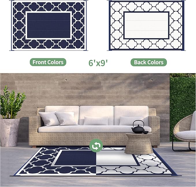 GENIMO 6' x 9' Outdoor Rug Waterproof for Patio Fall Decor, Foldable Reversible Plastic Straw Area Rugs Mat for Camper, Outside Carpet for Rv, Deck, Porch, Picnic, Beach, Balcony, Blue & White