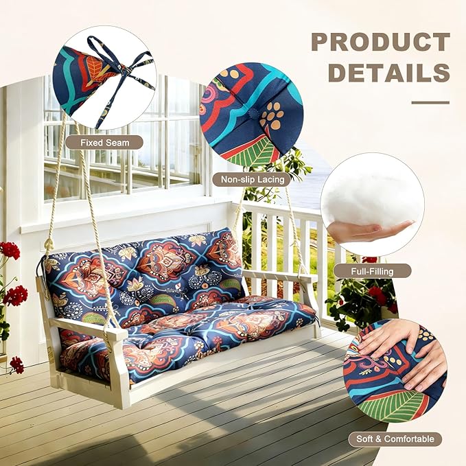Porch Swing Cushion with Backrest,Waterproof Bench Cushion for Outdoor Furniture,2-3 Seater Replacement Thickened Swing Cushion with Ties,Patio,Outdoor,Backyard and Garden (Bohemian,47x40)