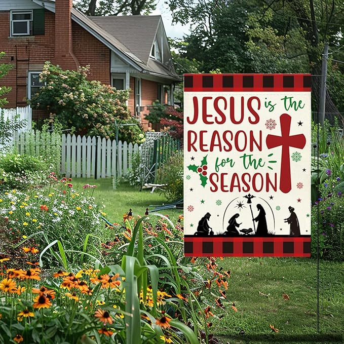 Jesus is the Reason for The Season Christmas Garden Flag Xmas Christian Nativity Winter Holiday Outside Outdoor Lawn Decorations Yard Flag Double Sided 12x18 Inch