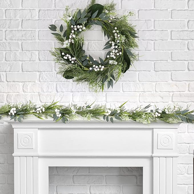 6.5 Ft Artificial White Flowers Garland Spring Summer Swags White Wild Flower with Berries Garland Vine for Wedding Front Door Porch Table Indoor Door Home Mantle All Year Decoration