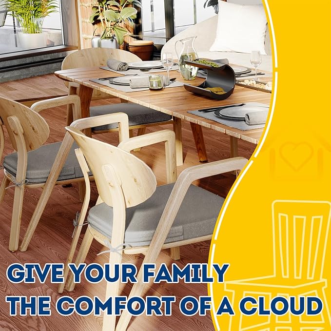 AAAAAcessories D-Shaped Chair Cushions, 2" Thick Dining Chair Pads with Ties and Removable, Machine-Washable Cover, 17" x 16", Set of 4, Khaki Gray