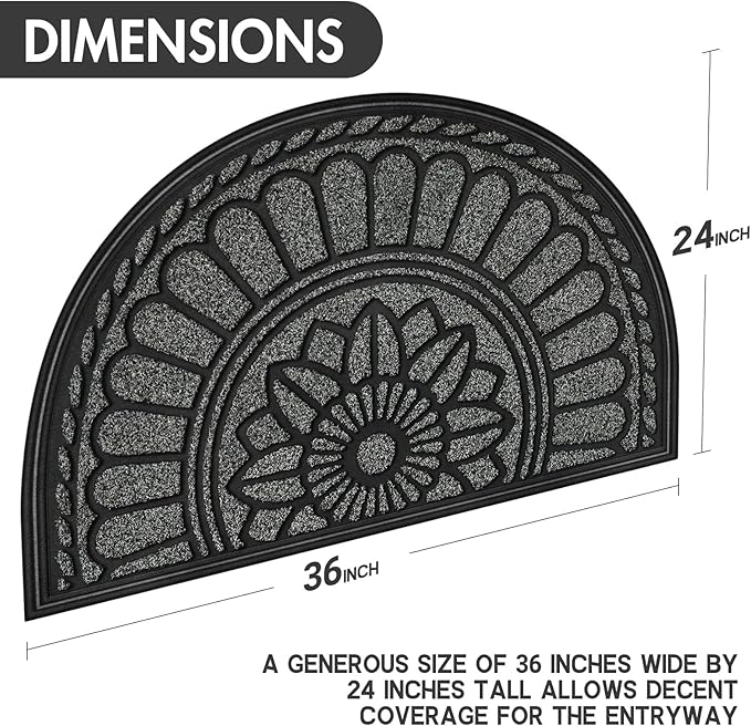 Mibao Half Round Door Mat, Non-Slip Welcome Entrance Way Durable Rubber Low-Profile Heavy Duty Doormat, Half Circle Mats for Garage, Patio, High Traffic Areas, 23.5" x 35.5", Gray