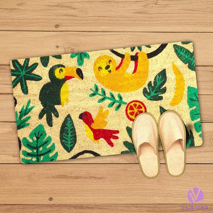Coir Door Mat for Outside Entrance, Welcome Indoor Outdoor Doormat, Funny Front Door Mats 16"x27.5" (Jungle)