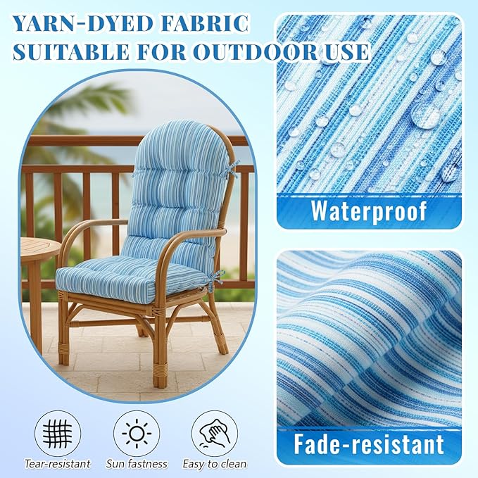 Geelin 4 Pcs Adirondack Chair Cushion High Back Patio Rocking Chair Cushion 44 x 19 x 4 Inch Tufted Weather Resistant Fade Resistant Seat for Patio Rocking Seat (Blue Stripes)