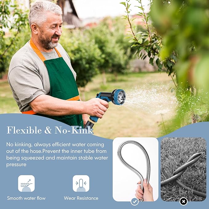 Garden Hose 50FT, Water Hose with 10 Function Nozzle, Garden Hose Metal with Leak-proof Connectors, No-Kink, Lightweight, Puncture-proof, Pet-proof, Sturdy, 550PSI, Hose for Outdoor, Yard