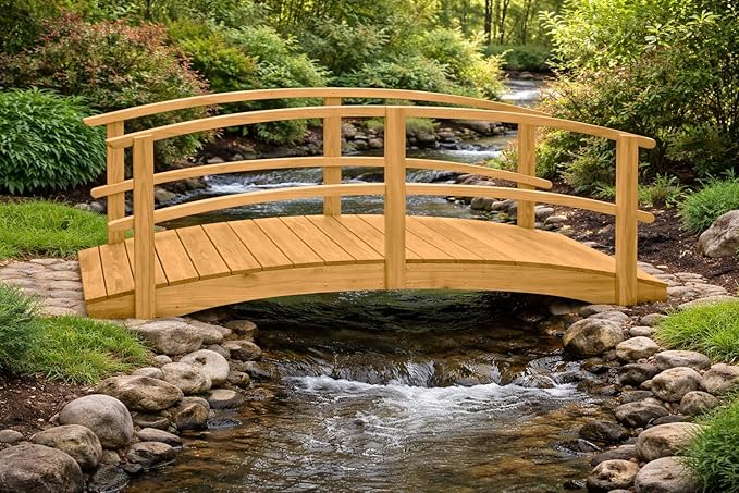 10 FT Oak Amish Made Garden Bridge with Double Rails for Walkway, Backyard Pond & Landscaping, Outdoor Wooden Footbridge for Koi Pond, Japanese Style Decorative Bridge, Made in USA