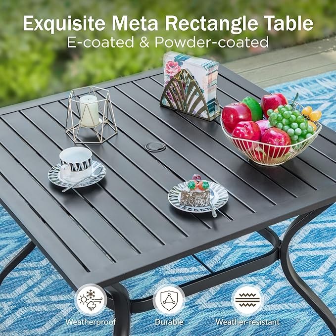 PHI VILLA 5 Piece Outdoor Dining Set with Umbrella, 37" Square Metal Dining Table & 4 Cushioned Wicker Rattan Chairs with 10ft Red Umbrella for Patio, Deck, Yard, Porch