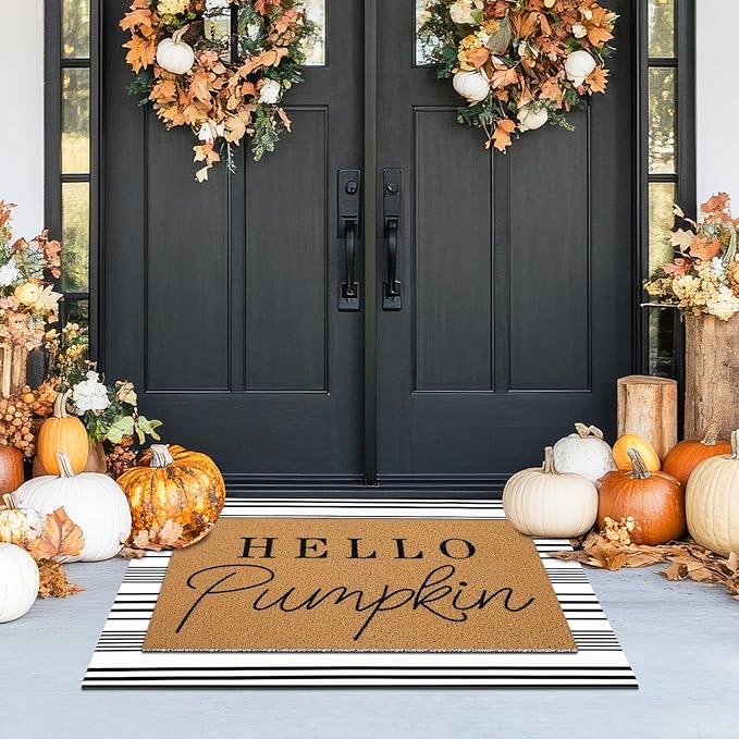 Tinideya 2 Pcs Fall Door Mat Hello Pumpkin Welcome Non Slip Coir Mats Thanksgiving Black White Stripe Harvest Floor Layering Doormats Seasonal for Front Porch Entryway Decor(Hello Pumpkin)