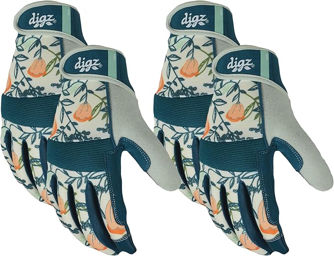 DIGZ 77862-23 High Performance Women's Gardening Work Touch Screen Compatible Fingertips Gloves, Large (Pack of 4), Coral Floral Pattern