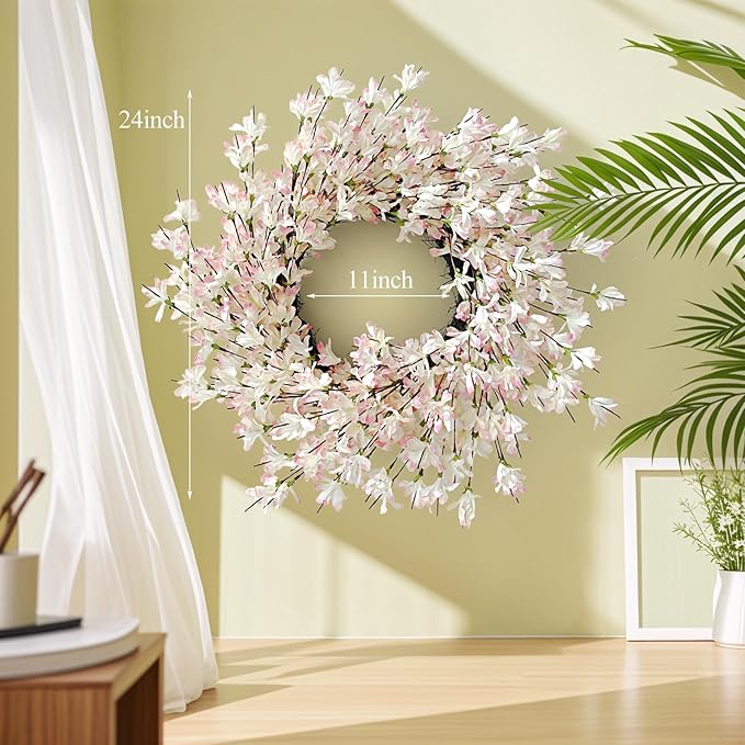 Spring Wreath for Front Door, 24 Inch Spring Forsythiaon Wreath Front Door Pink Forsythiaon Grapevine Wreaths for Festival Celebration Front Door Wall Window Decoration Home Decor