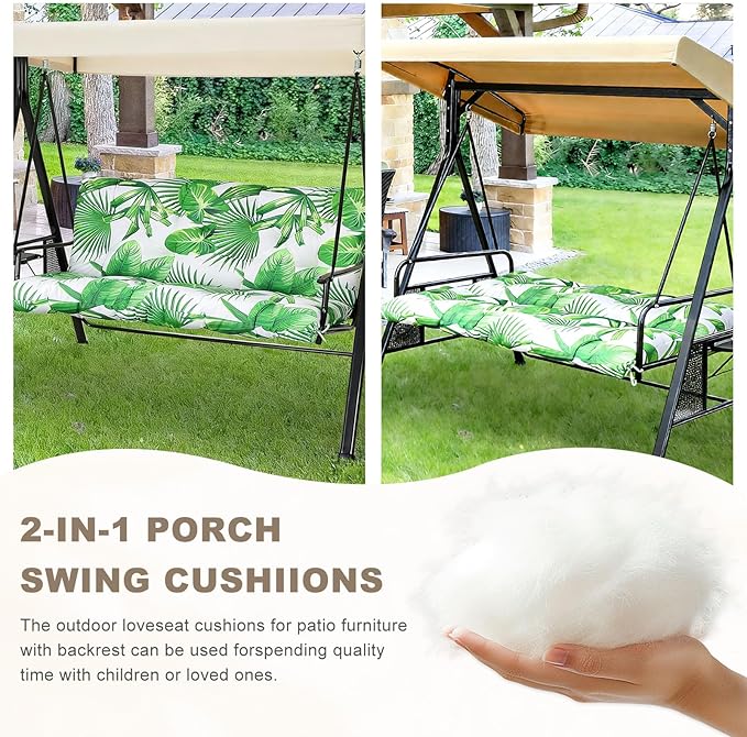 Porch Swing Cushion with Backrest,Waterproof Bench Cushion for Outdoor Furniture,2-3 Seater Replacement Thickened Swing Cushion with Ties,Patio,Outdoor,Backyard and Garden (Fresh Leafy,47x40")
